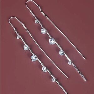 SILVER RHINESTONE THREADER EARRINGS